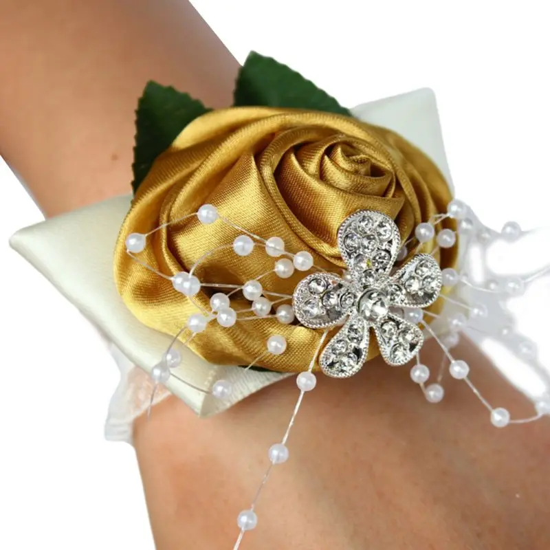 

Handmade Satin Rose Wrist Corsage Wedding Prom Party Bridesmaid Bridal Wrist Flower Faux Pearl Beaded Stretch Bracelet Wristband
