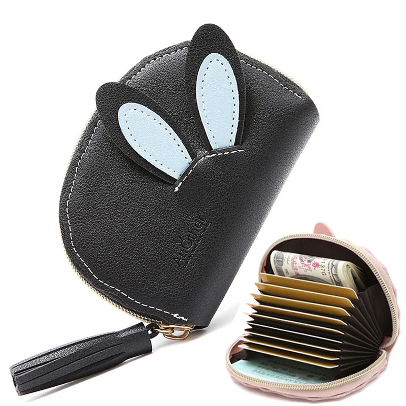 rabbit black JANE'S кожаный женский функциональный держатель для карт чехол для ID кредитных карт Обложка для паспорта кисточка карты Кошелек Сумка для документов Carteira Mujer девушка - Цвет: rabbit black