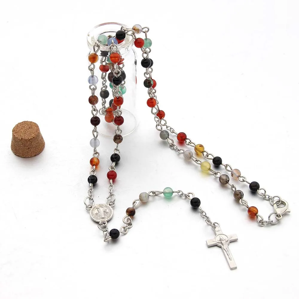 

Fashion Religion Christian Rosary Necklace For Women Agate Woman Mary Jesus Cross Pendant Long Beads Chains Necklaces
