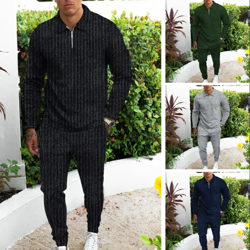 

Новинка осени 2021 Мужская Уличная мода полосатый Топ с длинным рукавом с отворотом + брюки костюм мужской повседневный костюм для бега из дву...