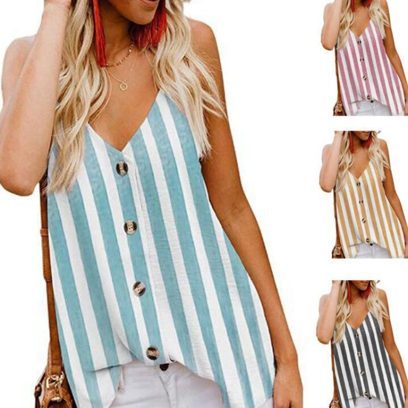 

Women Summer Spaghetti Strap Tank Top Button Down Sexy Deep V-Neck Strappy Camisole Striped Printed Casual Loose Sleeveless