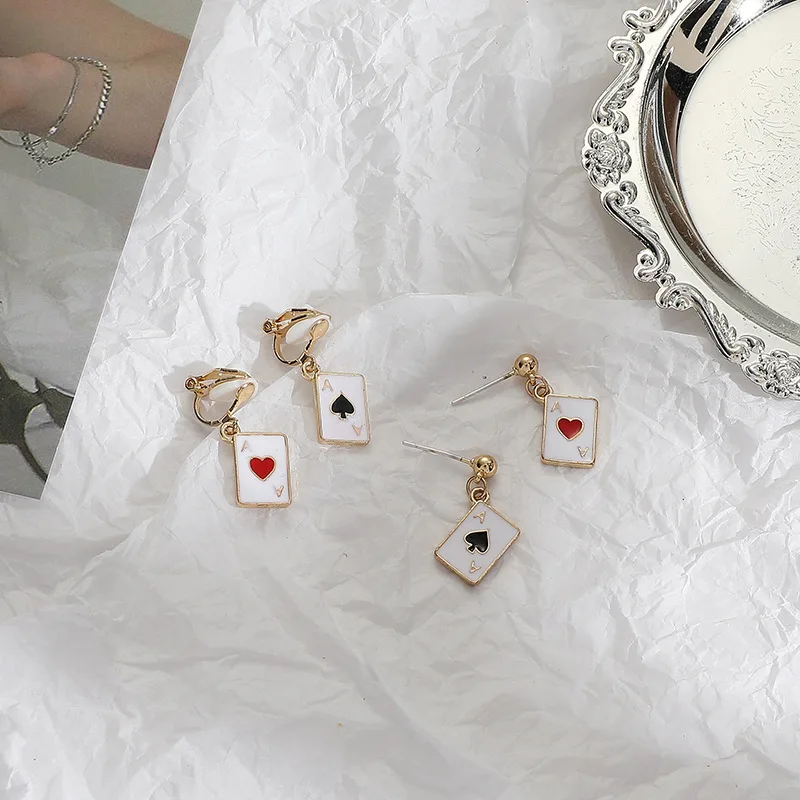 

Lucky Playing Card Spade Red Heart Studs Earrings Women Personality Simple Handmade Mini Trendy Hip Hop Earring Ear Clip Jewelry