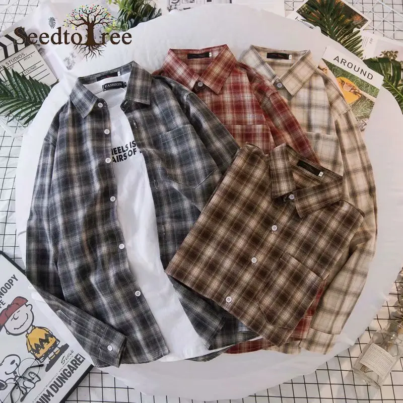 

High Quality Loose Striped Plaid Long Sleeve Men's Shirt Casual Lapel Men's Top Couple Outfit