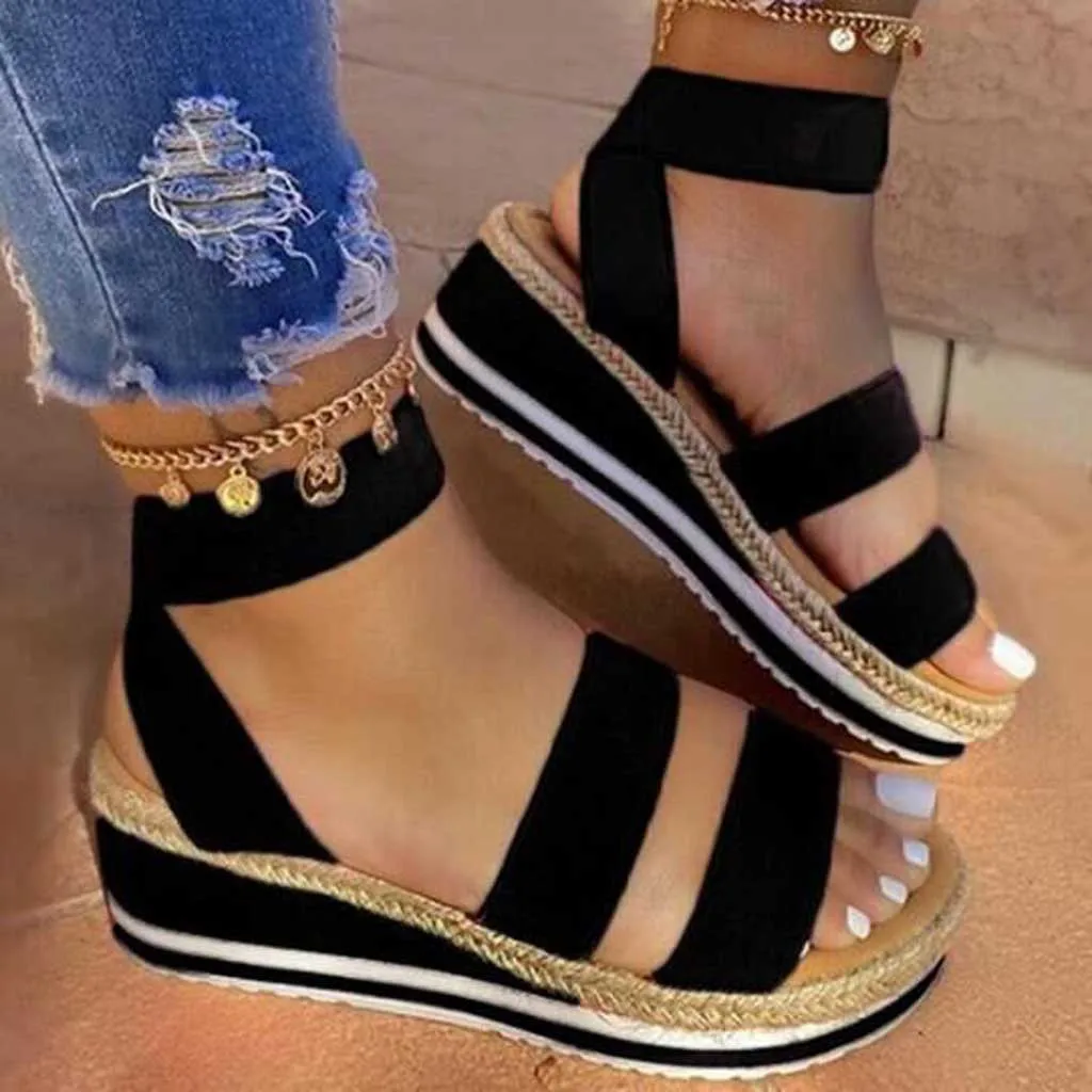 Womens Sandals Ladies Summer Fashion Flat Comfortable Elastic Band Ankle Strap Wedge Open Toe Platform Shoes Plus Size M140# | Обувь