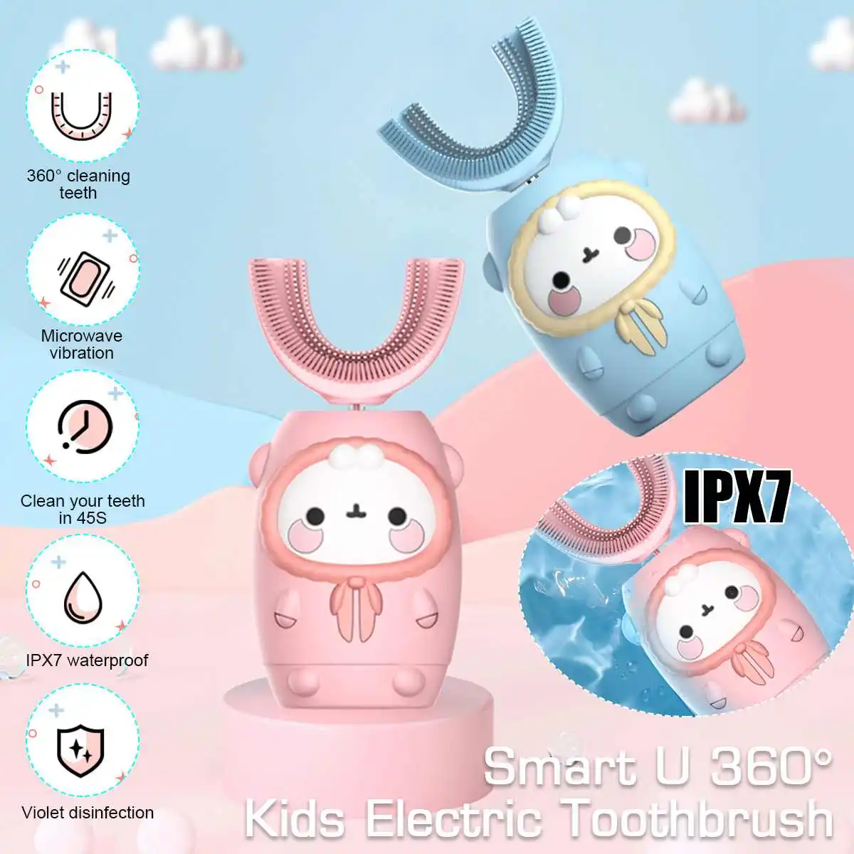 

NEW Kids Toothbrush Silicon Automatic Ultrasonic Electric Toothbrush Cartoon Pattern For Children Smart 360 Degree U-shaped