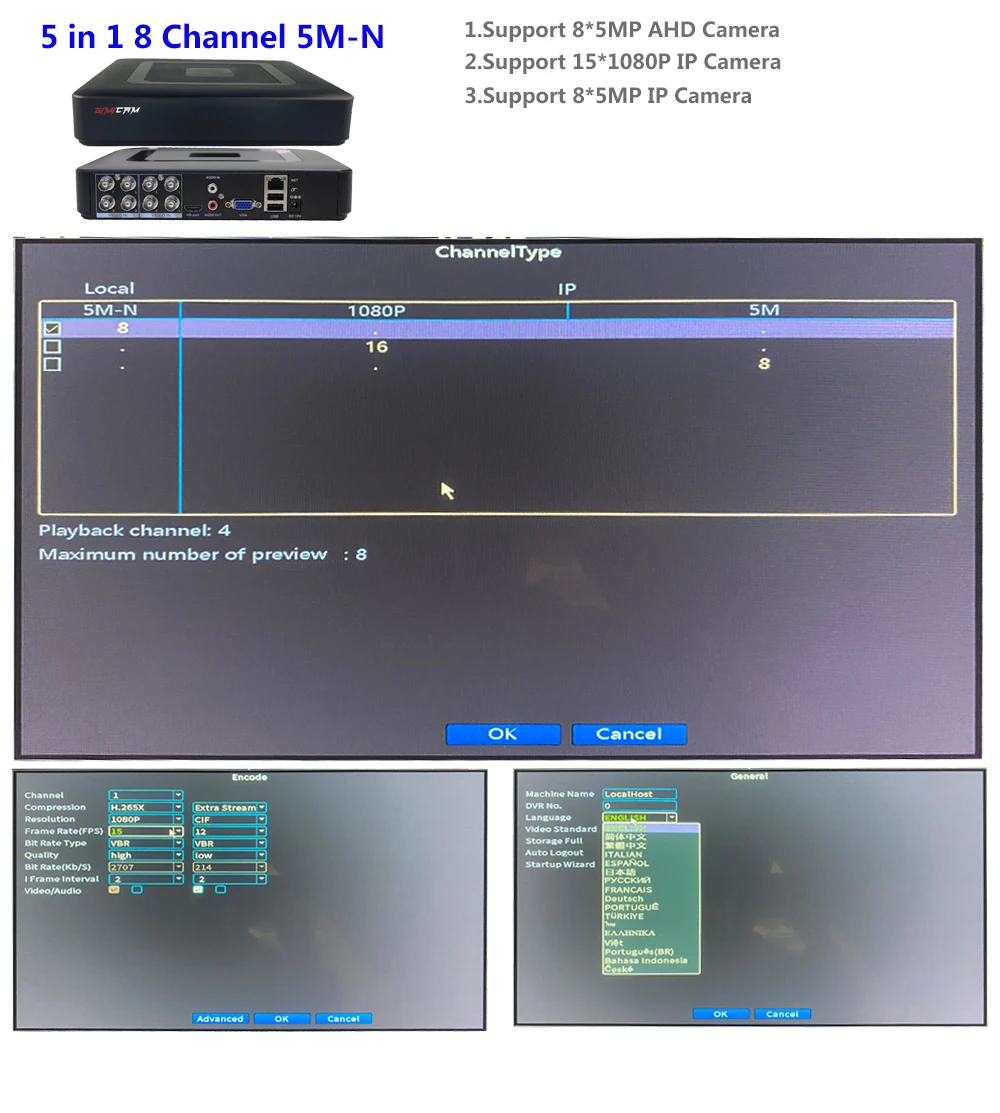 Супер HD 5MP N/1080P гибридный видеорегистратор 5 в 1 DVR H.265X 4/8 каналов поддерживает