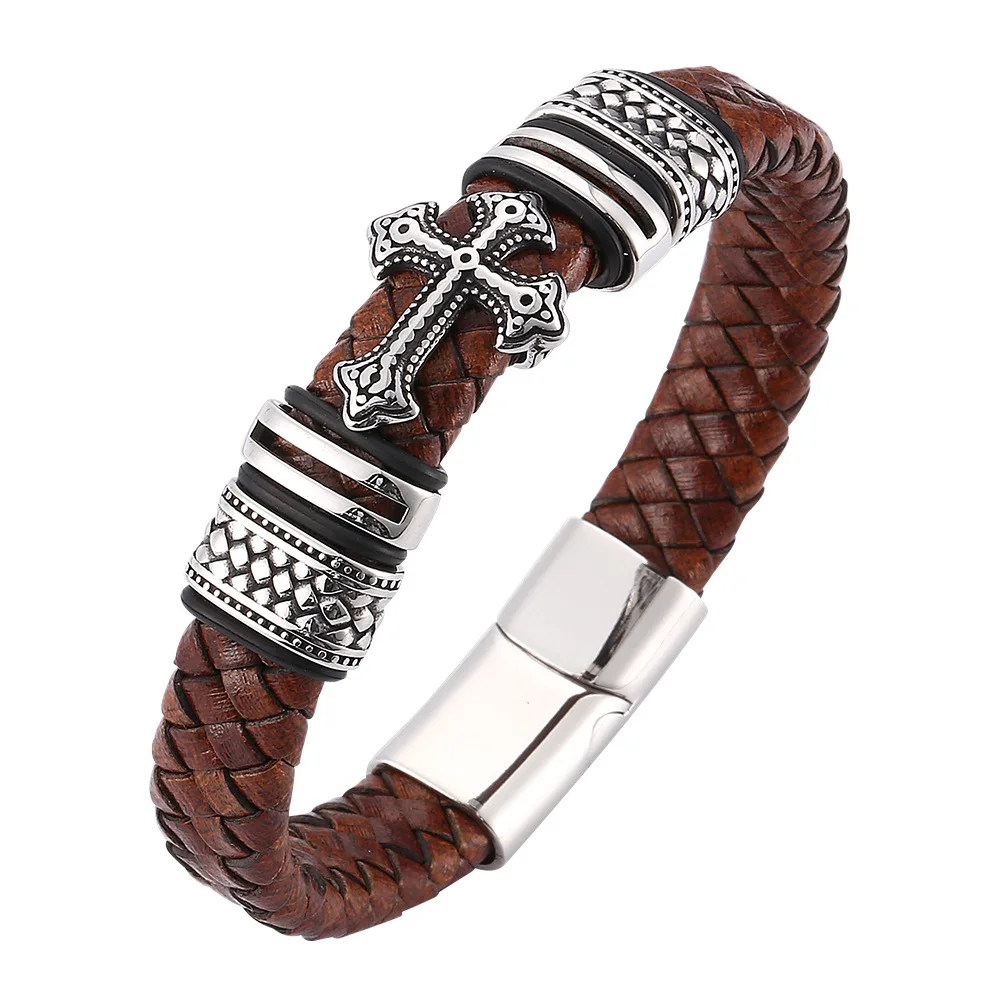 

Yage 12mm Width Braided Leather Men Bracelets 316L Stainless Steel Cross Charms Cuff Bracelets Bangles Trendy Male Jewelry