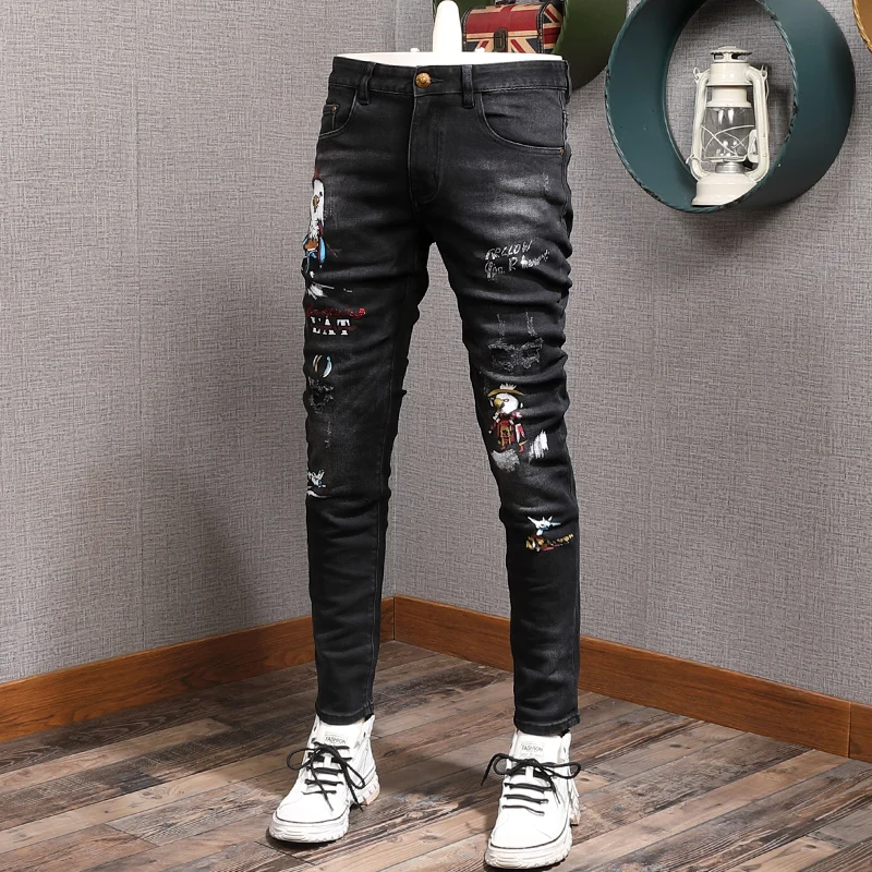 Street Style Fashion Men Jeans Retro Black Gray Elastic Slim Fit Ripped Jeans Men Printed Designer Hip Hop Denim Punk Pants