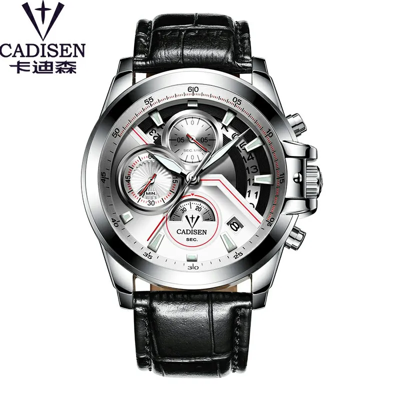 White Leather CADISEN часы Мужские лучший бренд класса люкс военные армейские Спортивные Повседневные водонепроницаемые мужские модные часы кварцевые наручные часы из нержавеющей стали - Цвет: White Leather