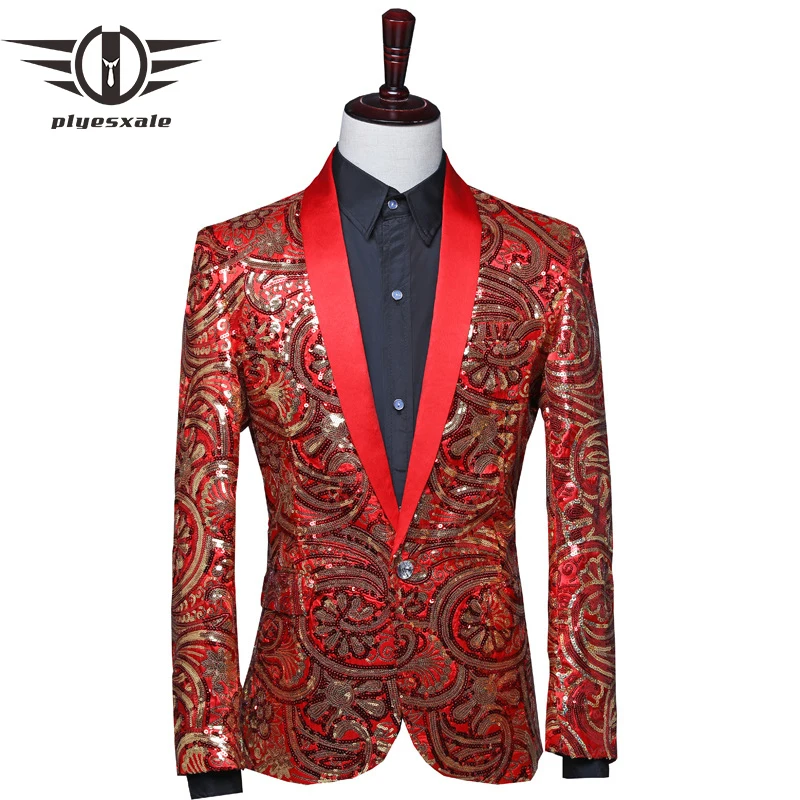 Glitter Blazer Men 2019 New Shawl Collar Red Royal Blue Sequin Blazer Jacket Mens Prom Party Blazers DJ Costume Stage Q597