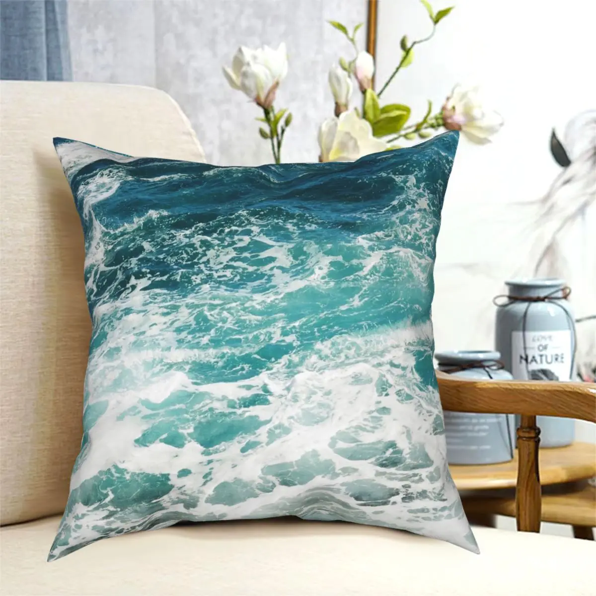 

Blue Ocean Waves Square Pillowcase Polyester Pattern Zipper Decor for Sofa Cushion Case