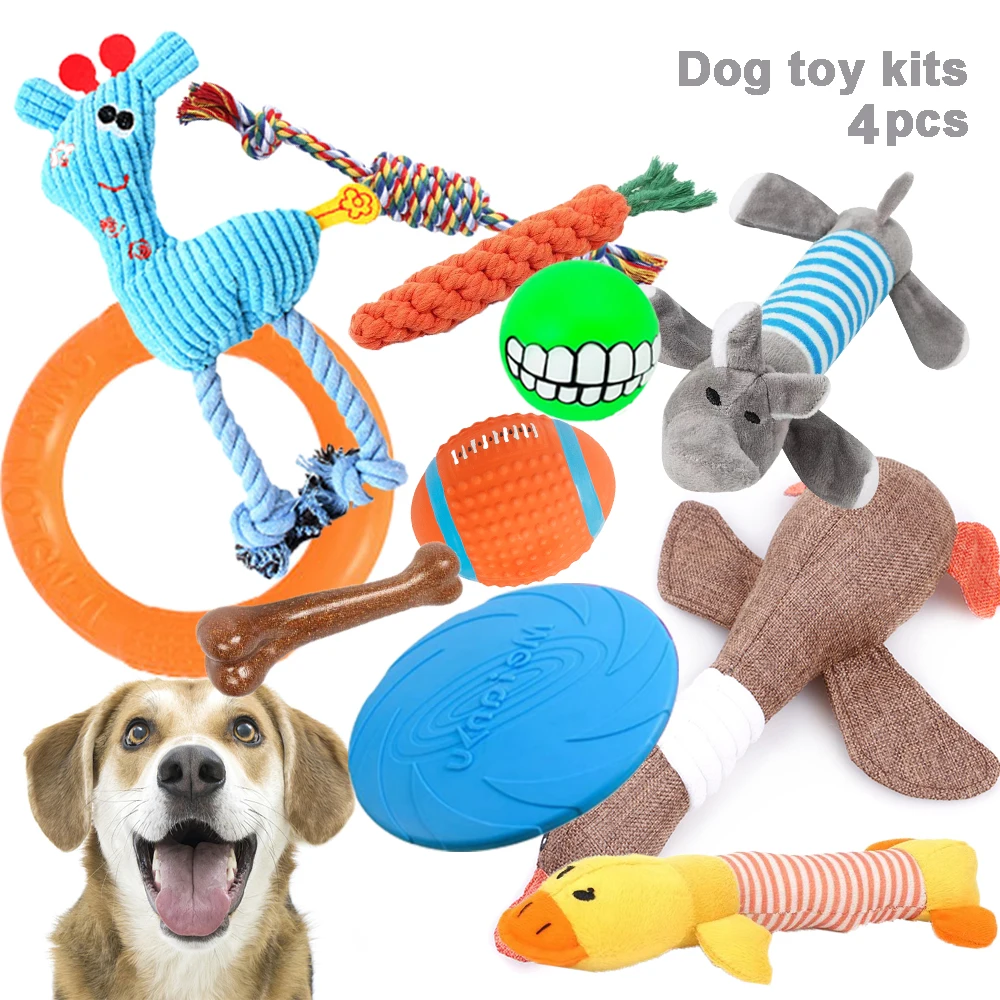 4 Pcs Dog Toys Pet Bones Ball Flying Discs Squeak Chew Soft Toy Kit Small Large Dogs Lnteractive Trainings Set Puppy Toys For