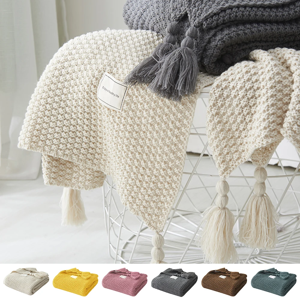 Knitted Throw Blanket Solid Colour Plaid Sofa Blankets Comfortable Tassels Weaving Blanket For Living Room Photography Decor D30 chic quality comfortable drawstring style knitted mermaid design throw blanket