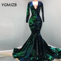 sparkly sequin mermaid evening dress 2022 v neck long sleeves prom dress for black girl green formal evening gala gown