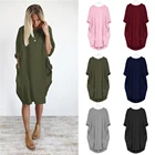 Свободное однотонное повседневное весеннее женское простое платье до колена с карманами и круглым вырезом, Осеннее модное женское платье для отдыха