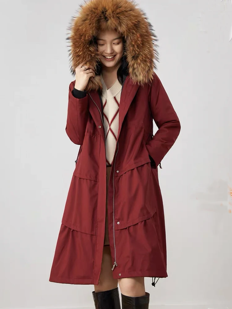 2021 Female Winter Thick Real Raccoon Fur Collar Real Rabbit Fur Lining Parka Women Fur Jacket 105cm Long Slim Warm Coat