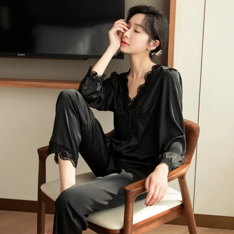 

2021 New Sleepwear Nightwear Satin Pajamas For Women Lace Shirt&Pants Casual Pyjamas Loungewear Soft Intimate Lingerie Homewear