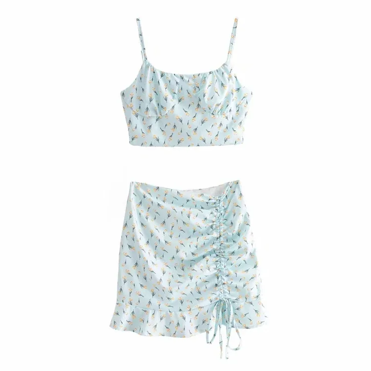 

Sexy Two Piece Set 2020Spring Summer Outfit New Retro Printed Elastic Small Sling And High Waist Pleated Sheath Skirt Suit Women