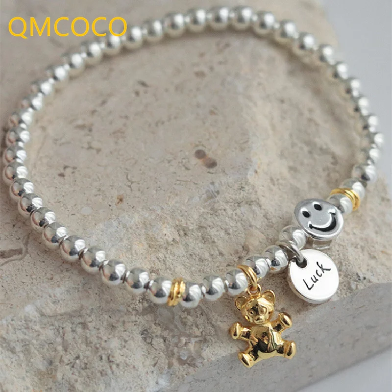

QMCOCO Unique CreativeSilver Color Round Pendant Smile Face Bear Round Bead Bracelet Women 2022 New Korean Fashion Handornaments
