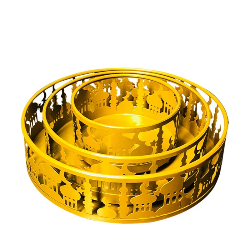 

3 Pcs Mubarak Ramadan Round Trays Festival Dinner Plate Set Ramadan Kareem Tray Side Hollow Scripture Art Disc Islamic