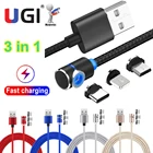Магнитный кабель UGI 3 в 1, 1 м, 2 м, плетеный провод, шнур для быстрой зарядки, Micro USB Тип C, USB C кабель для IOS, зарядное устройство для Samsung Oneplus