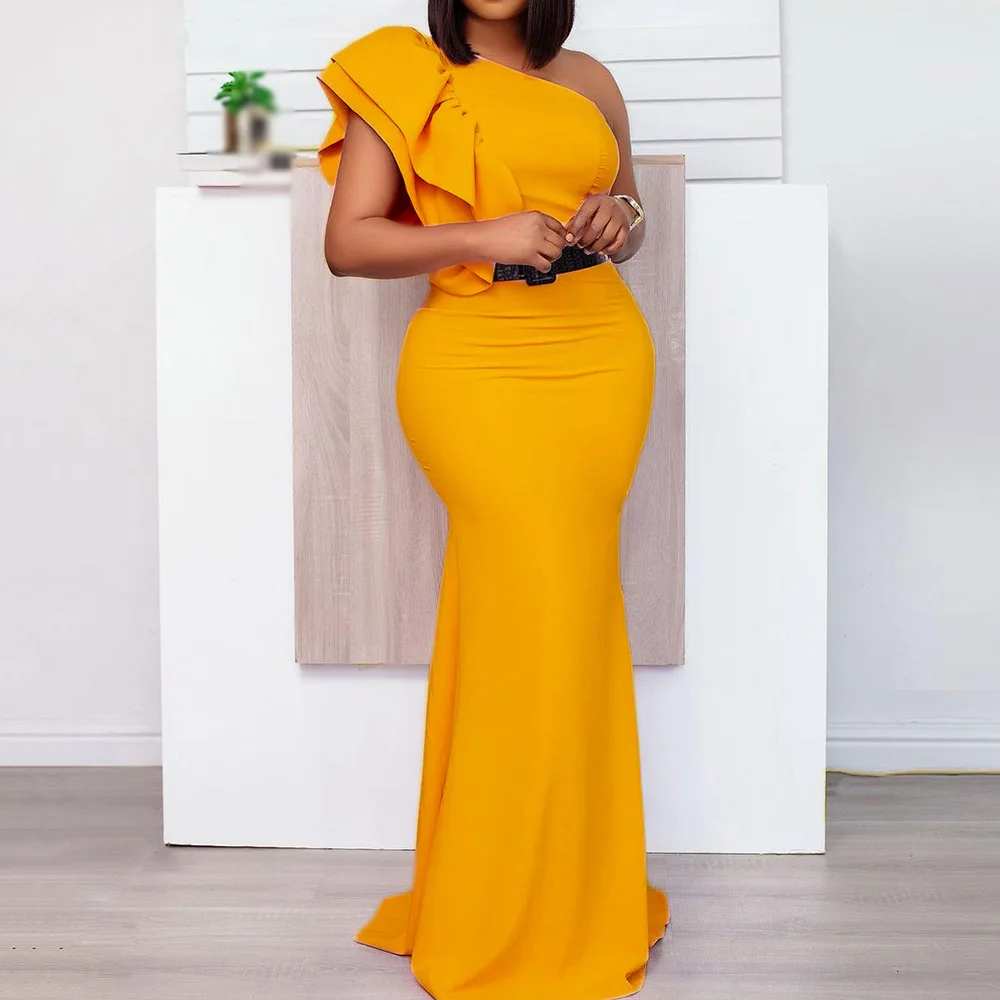 

Party Dresses Women Evening Night Elegant One Shoulder Ruffles Fashion Ladylike Floor-Length Maxi Female Formal Long Dress 2021