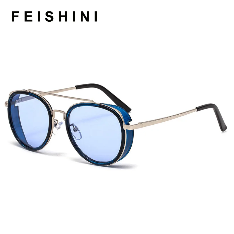 

FEISHINI 2020 New Gothic Steampunk Round Sunglasses Men Red Punk Goggle Luxury Fashion Oval Sun Glasses For Women Vintage Shades