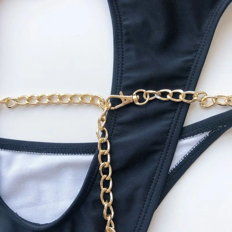 

Biquine One Piece Swimsuit Female Sexy Chains Beach Dress White Tunic Swimwear Women