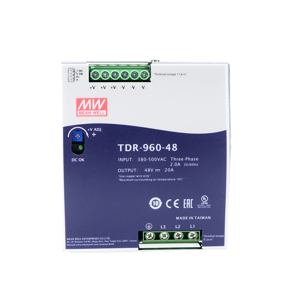 

Original Mean Well TDR-960-48 meanwell DC 48V 20A 960W Three Phase Industrial DIN Rail with PFC Function Power Supply