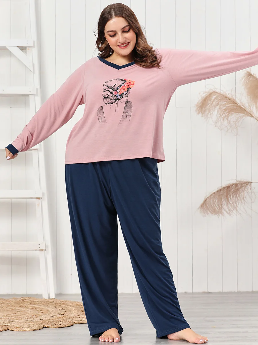 

2021Women's Home Wear Spring and Autumn Pajamas Printed V-neck Long Sleeve Loose Large Size Pijamas Women Sleepwear Sleep Tops