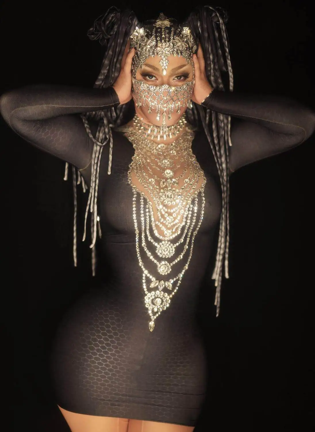 

Sexy Backless Tassel Silver Rhinestones Black Short Bodycon Dress Women Birthday Prom Party Outfit Nightclub Bar Stage Wear
