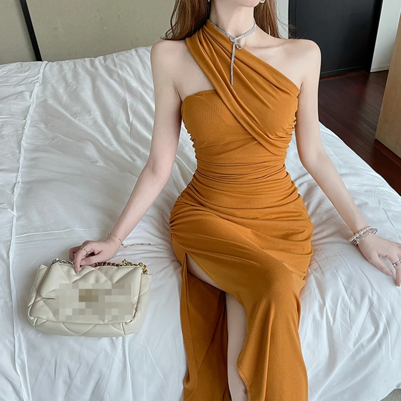 

Элегантное женское платье с одним открытым плечом, однотонное сексуальное облегающее платье с разрезом, женские платья 2021