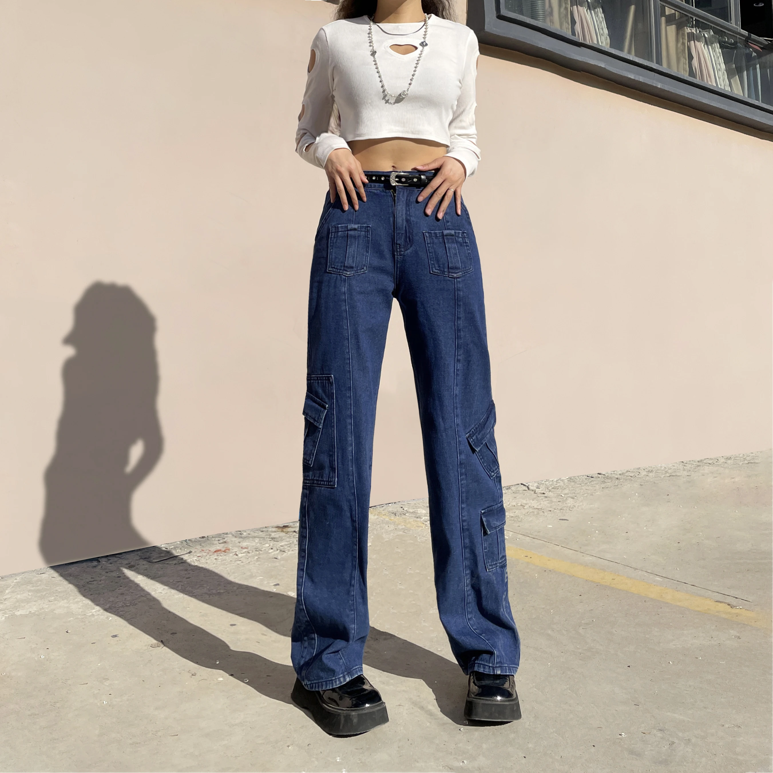 

Women Ladies Solid Color Jeans High Waist Adults Straight Leg Cargo Style Wild Fashion Style Denim Trousers with Pockets