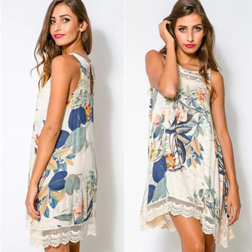 

Модное платье с принтом, кружевное мини-платье без рукавов с круглым вырезом