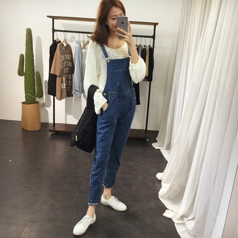 Мода осень 2019 женский синий длинный джинсовый комбинезон однотонный