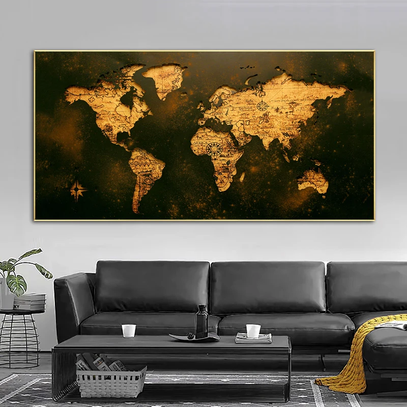

Black Gold World Map Pictures Vintage Canvas Painting Abstract Home Decoration Retro Wall Art For Living Room Classic Style