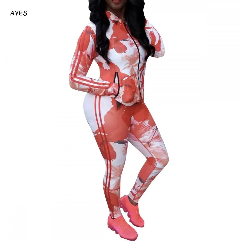 

Quick Dry Sweat Suits Women Print Tracksuit Sportswear Suits Long Sleeve Zip Up Top Slim Leggings Pants Casual Clothes Set Femme