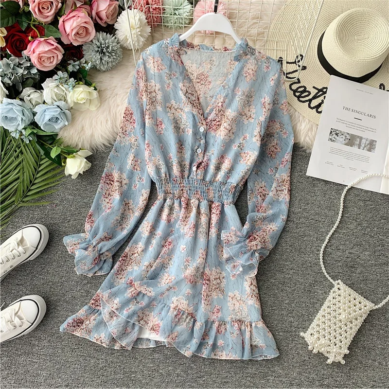 Женское шифоновое платье с V образным вырезом и длинным рукавом|Женские платья| |