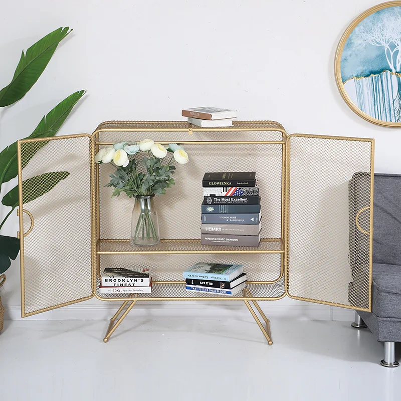 Golden barbed wire Nordic bookcase with door storage shelf bedroom bedside table console |