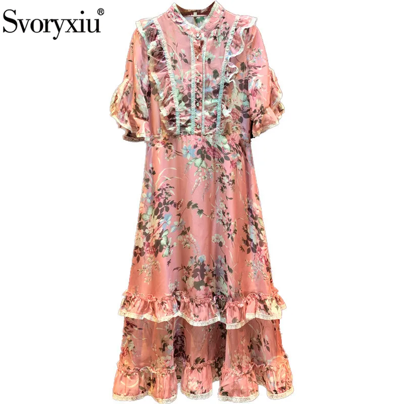 

Svoryxiu Runway Designer Summer Long Dress Women's Elegant Short Sleeve Flower Print Lace Ruffles Vintage Party Dresses Vestdios