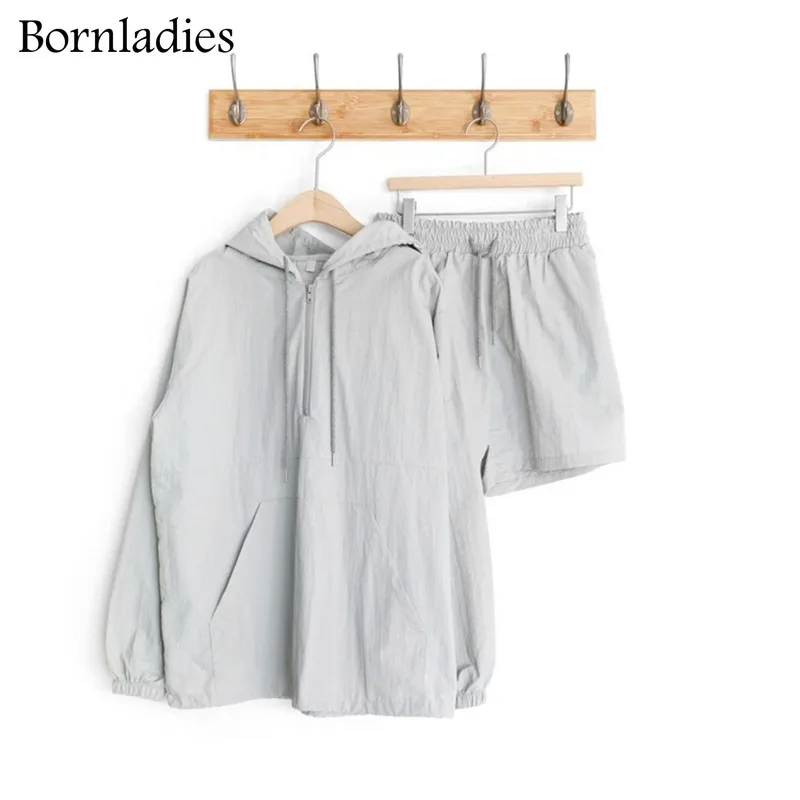 

Bornladies Summer Tracksuit Women Suit 2 Pieces Set Hooded Long Sleeve Hoodies And Shorts 2021 Spring Female Sets Casual Suits