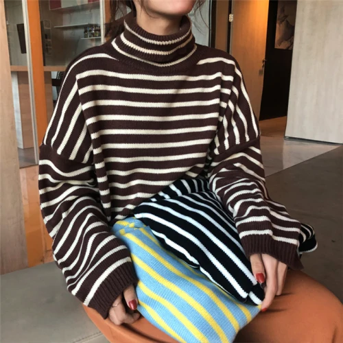 

2020 New Spring Autumn Women's Striped Turtleneck Knitting Sweater Female Long Sleeve Casual Sweater Ladys Slim Tops