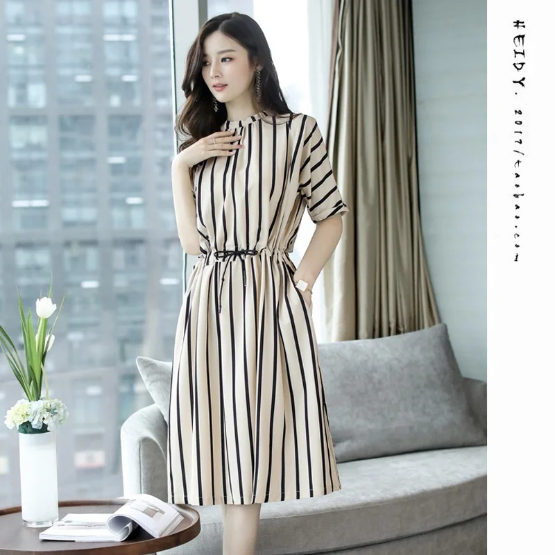 

Women Summer Dress Half Sleeves Slim Fit Striped Round Neck Elastic Waist LB