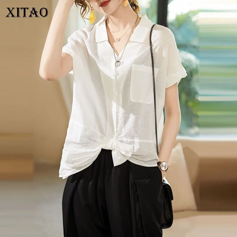 

XITAO Pleated White Black Blouse Fashion New Women Pleated Single Breast Pocket Goddess Fan 2021 Summer Loose Shirt CLL1694