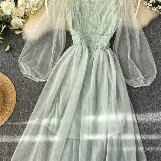 

Mesh Dress Women Spring 2021 Fashion V Neck Puff Sleeve Ladies Vestidos Elegant Slim Waist A Line Female Dresses