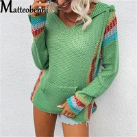 2021 autumn women hooded sweater pocket vertical striped matching jacket oversized sweater ladies long sleeve top fashion jumper