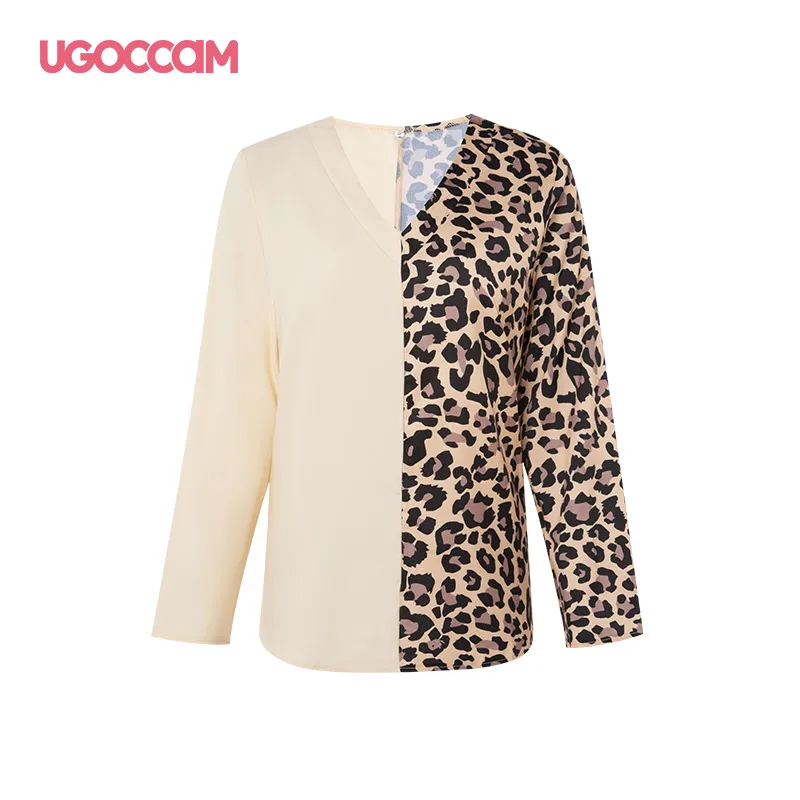Женские футболки UGOCCAM модная футболка с леопардовым принтом и V-образным вырезом