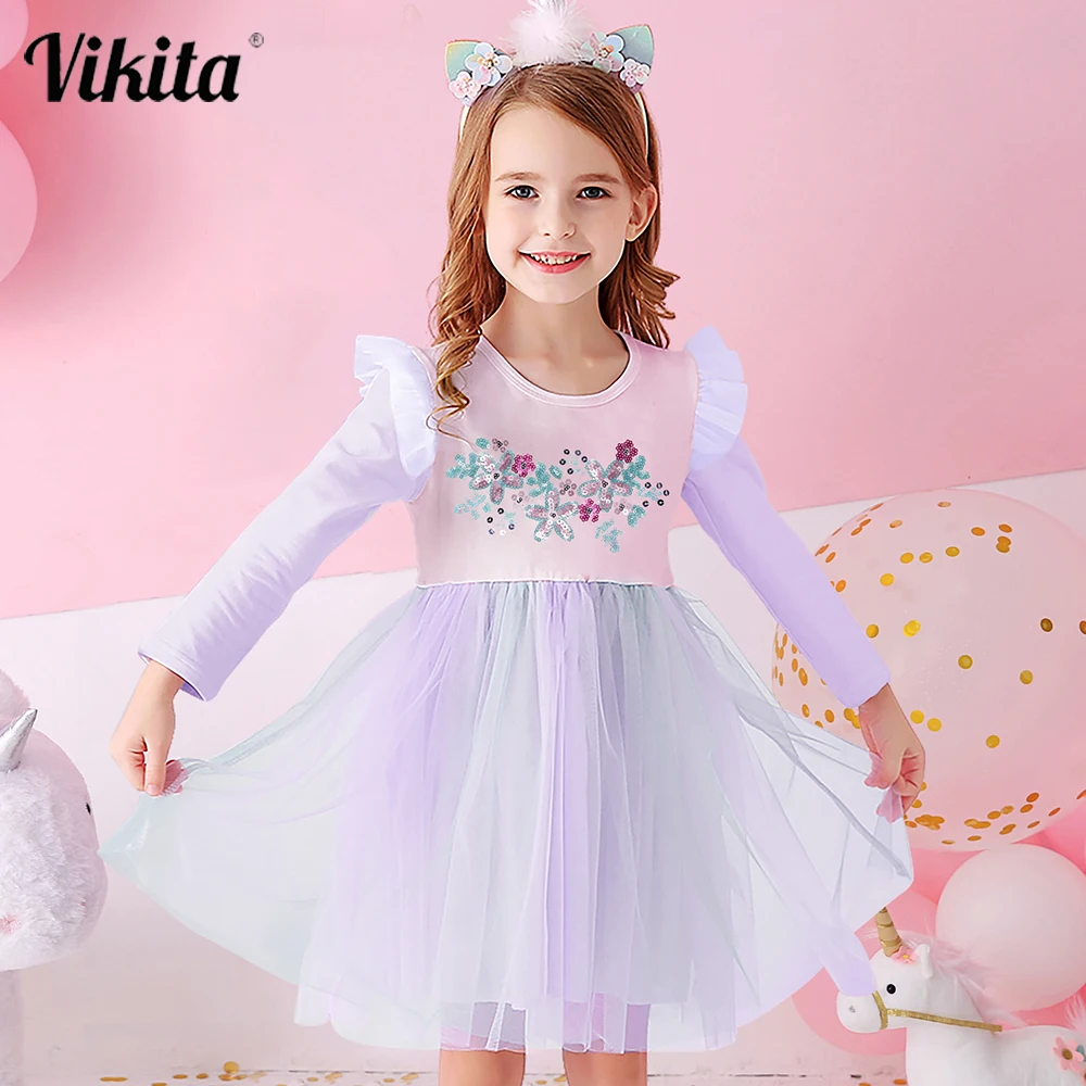 Купи VIKITA Toddlers Dresses Kids Clothes Girls Purple Elegant Dress Flower Sequins Princess Dress Girl Gift Autumn Dresses for Girls за 897 рублей в магазине AliExpress