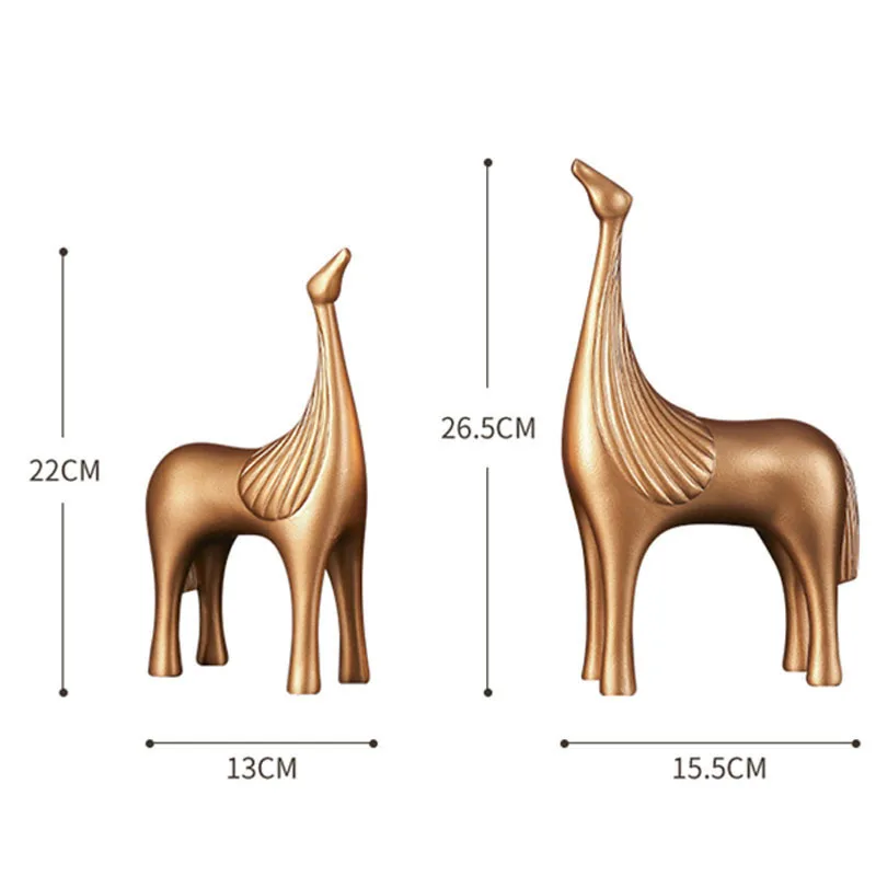 

2 Pcs/set Abstract Golden Horse Statue Ornaments Desk Decoration Resin Figurines Modern Crafts American Rustic Home Decor