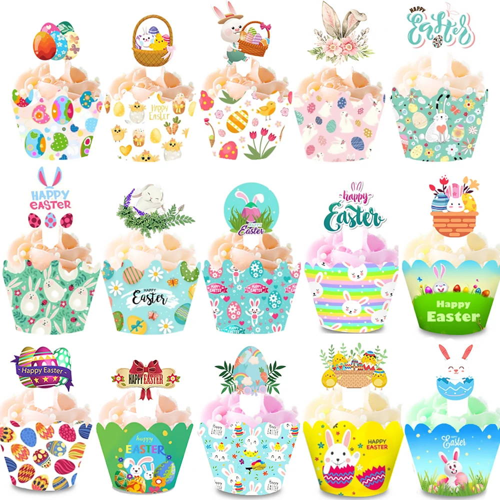 

32pcs/set Easter Bunny Paper Cupcake Wrapper Easter Eggs Chicks Cake Topper Happy Easter Birthday Party Baking Cake Decorations